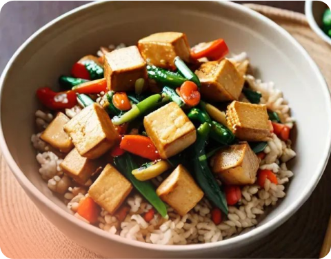 Stir-fried tofu with vegetables and brown rice